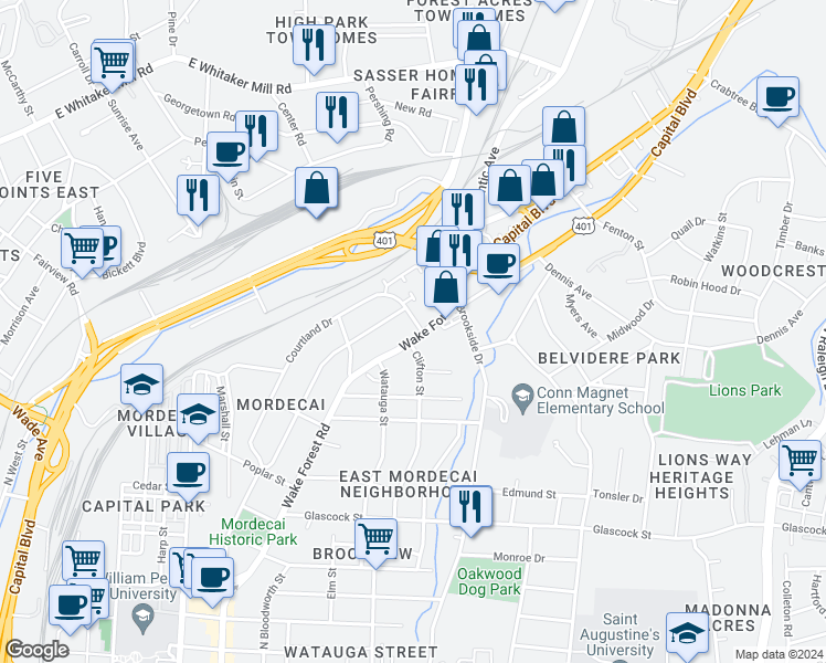map of restaurants, bars, coffee shops, grocery stores, and more near 1520 Courtland Drive in Raleigh