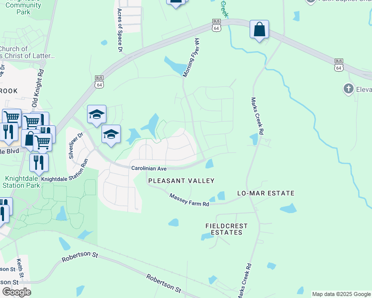 map of restaurants, bars, coffee shops, grocery stores, and more near 624 Gold Coast Drive in Knightdale
