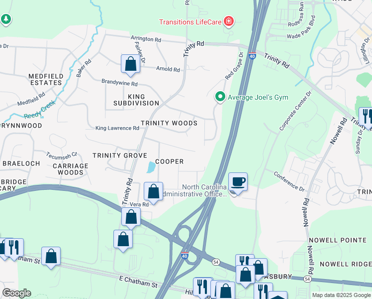 map of restaurants, bars, coffee shops, grocery stores, and more near 6116 Deerwood Place in Raleigh