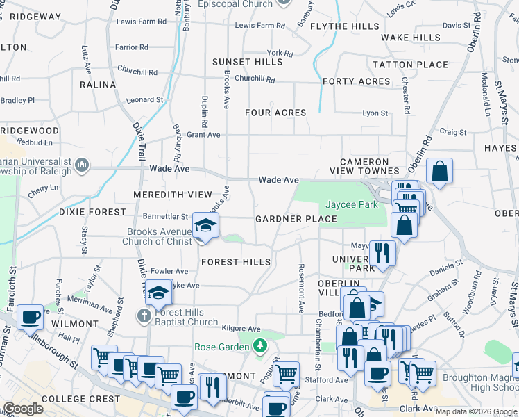 map of restaurants, bars, coffee shops, grocery stores, and more near 1004 Canterbury Road in Raleigh