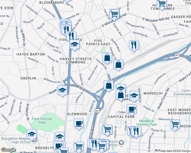 map of restaurants, bars, coffee shops, grocery stores, and more near 409 Morrison Avenue in Raleigh