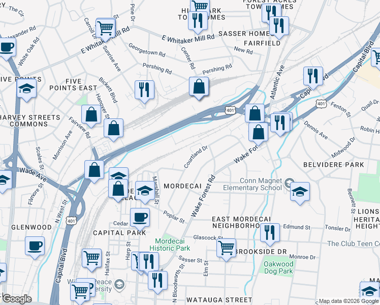 map of restaurants, bars, coffee shops, grocery stores, and more near 1331 Courtland Drive in Raleigh