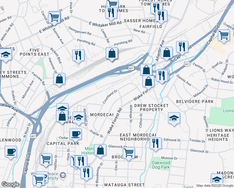 map of restaurants, bars, coffee shops, grocery stores, and more near 1405 Sycamore Street in Raleigh