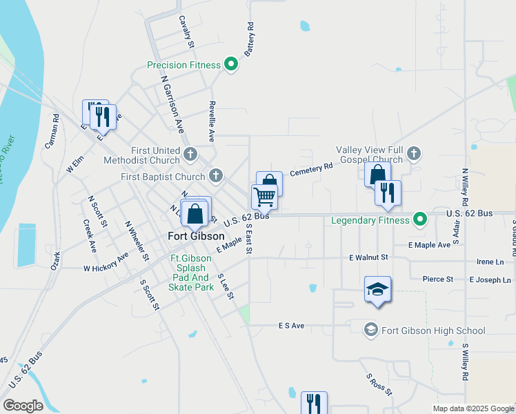 map of restaurants, bars, coffee shops, grocery stores, and more near 302 East Poplar Street in Fort Gibson