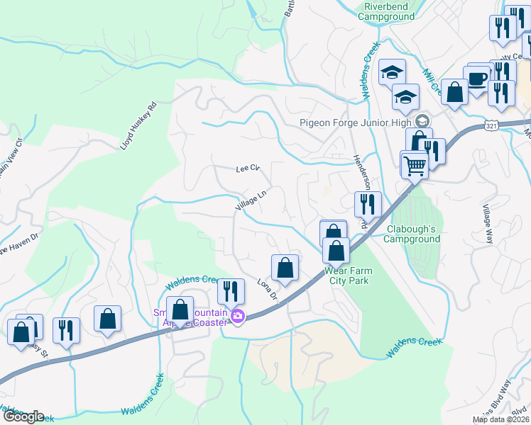 map of restaurants, bars, coffee shops, grocery stores, and more near 608 Kings Row in Sevierville