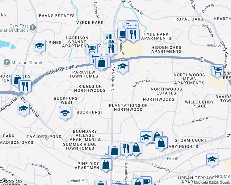 map of restaurants, bars, coffee shops, grocery stores, and more near 904 North Harrison Avenue in Cary