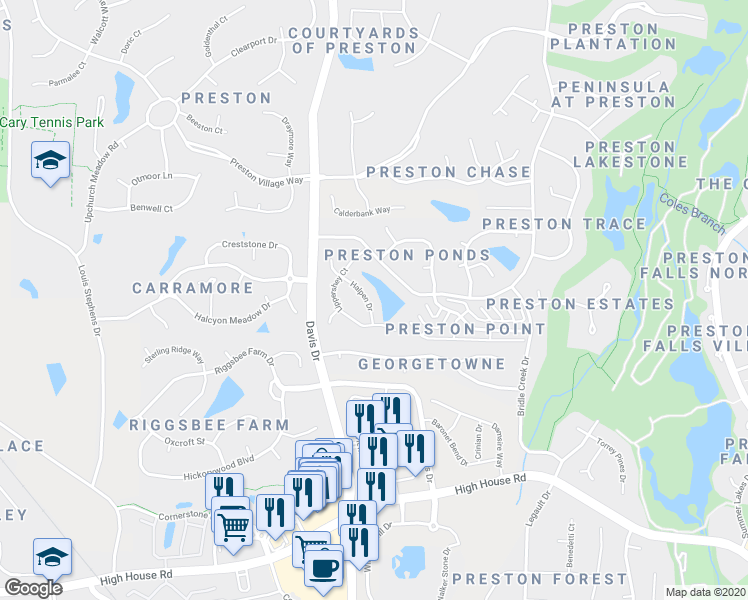 map of restaurants, bars, coffee shops, grocery stores, and more near 106 Halpen Drive in Cary