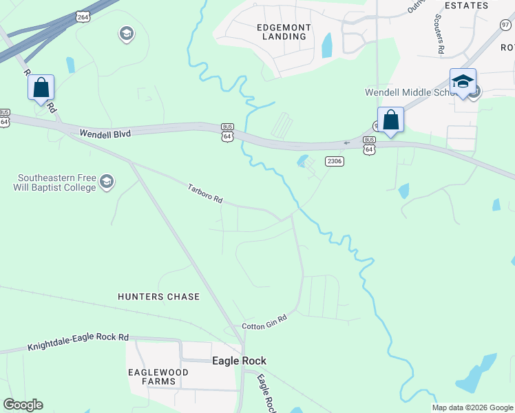 map of restaurants, bars, coffee shops, grocery stores, and more near Old Tarboro Road in Wendell