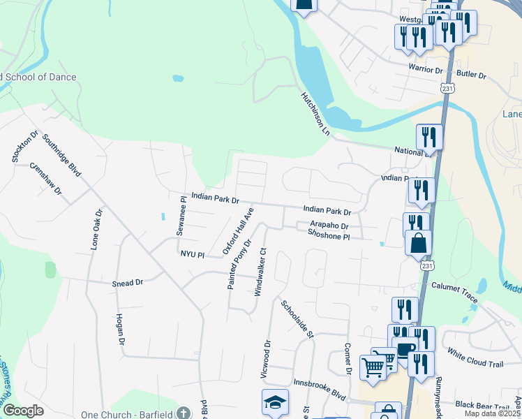 map of restaurants, bars, coffee shops, grocery stores, and more near 349 Indian Park Drive in Murfreesboro