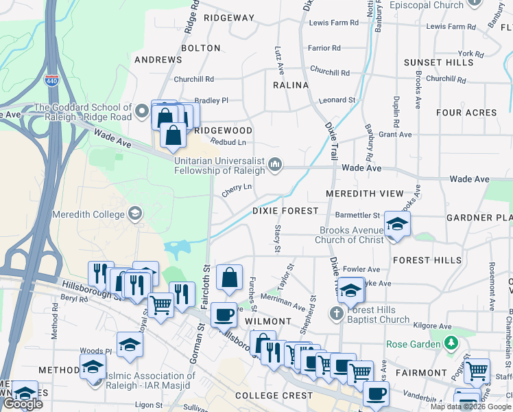 map of restaurants, bars, coffee shops, grocery stores, and more near 716 Beaver Dam Road in Raleigh