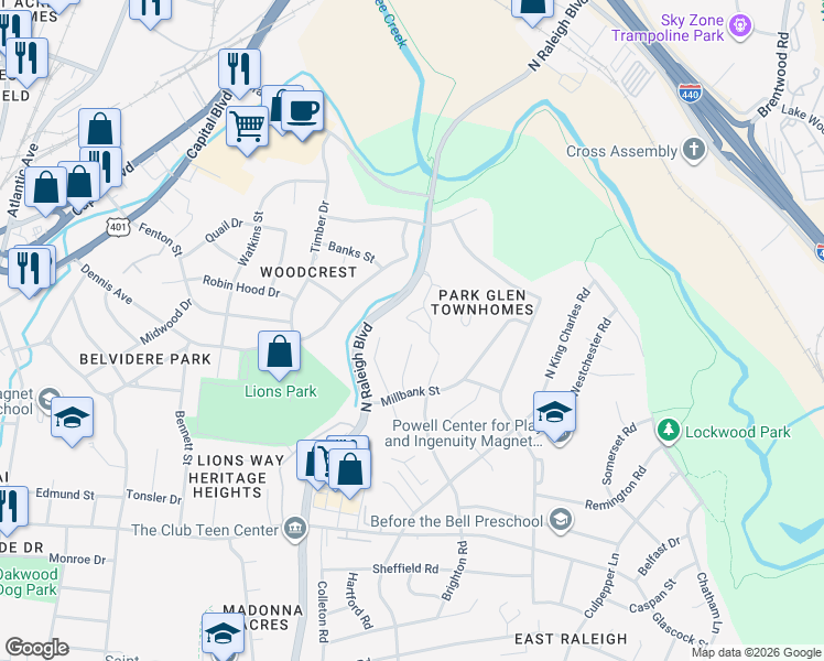 map of restaurants, bars, coffee shops, grocery stores, and more near 1321 Park Glen Drive in Raleigh