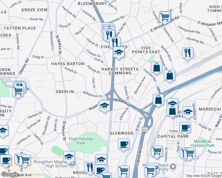 map of restaurants, bars, coffee shops, grocery stores, and more near 1511 Glenwood Avenue in Raleigh