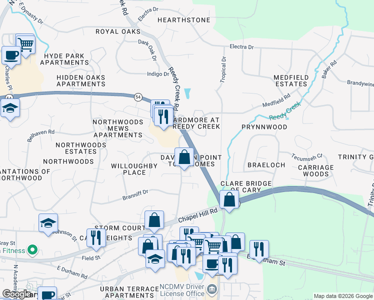 map of restaurants, bars, coffee shops, grocery stores, and more near 811 Davidson Point Road in Cary