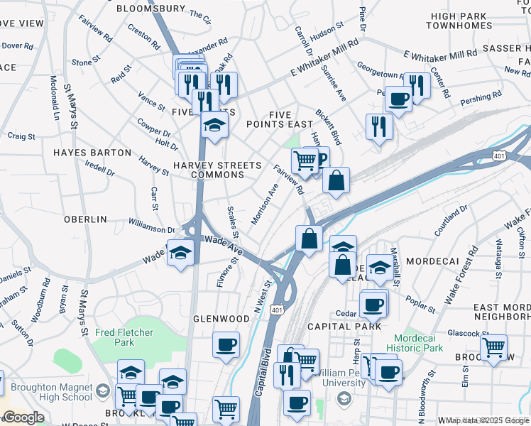 map of restaurants, bars, coffee shops, grocery stores, and more near 409 Morrison Avenue in Raleigh
