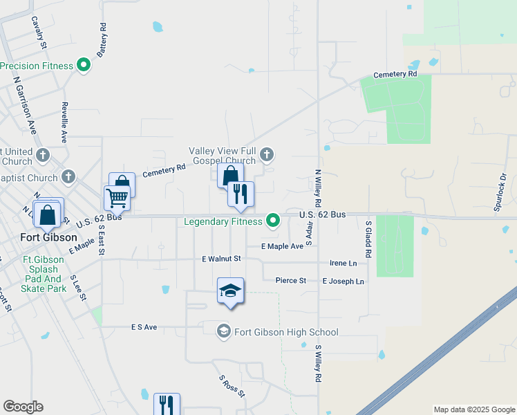 map of restaurants, bars, coffee shops, grocery stores, and more near 102 North Meigs Street in Fort Gibson