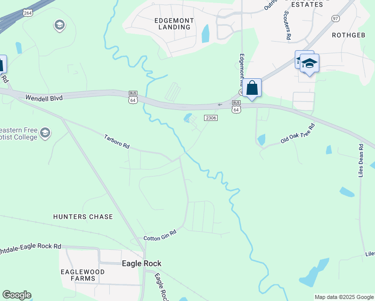 map of restaurants, bars, coffee shops, grocery stores, and more near 912 Old Battle Bridge Road in Wendell