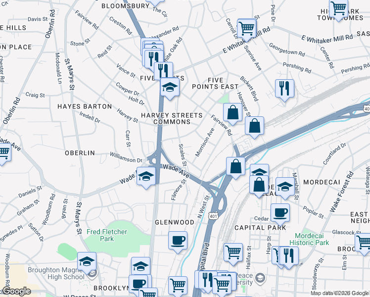 map of restaurants, bars, coffee shops, grocery stores, and more near 602 Scales Towne Court in Raleigh