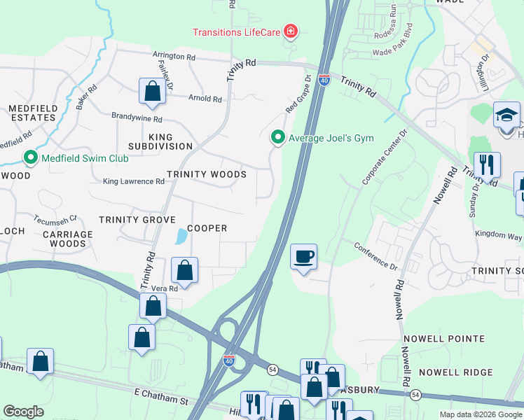 map of restaurants, bars, coffee shops, grocery stores, and more near 1020 Bianco Drive in Cary