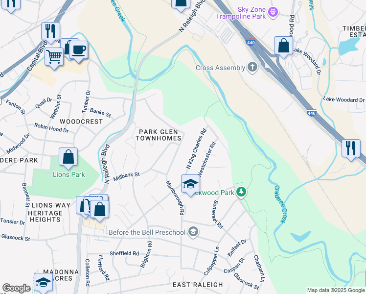 map of restaurants, bars, coffee shops, grocery stores, and more near 1348 Marlborough Road in Raleigh
