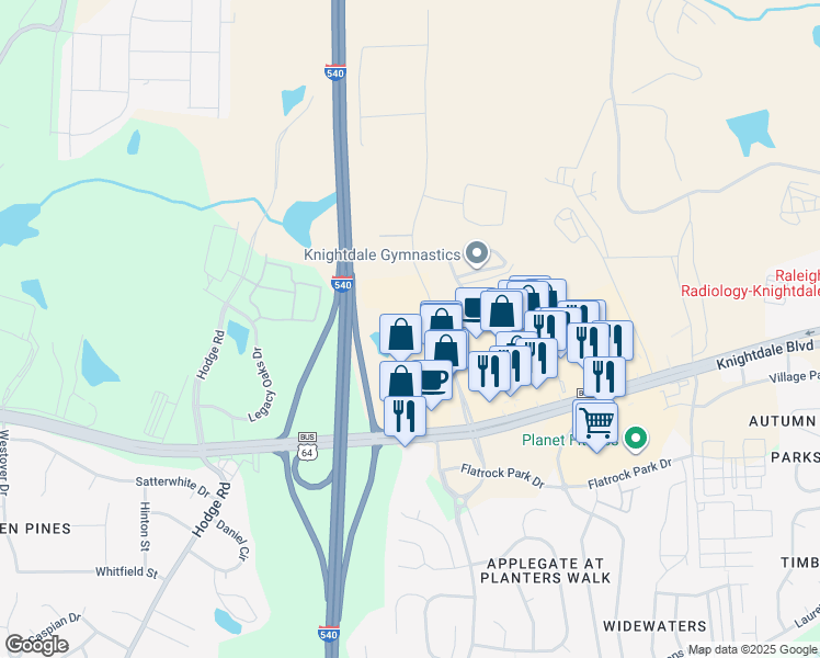 map of restaurants, bars, coffee shops, grocery stores, and more near 302 Hinton Oaks Boulevard in Knightdale