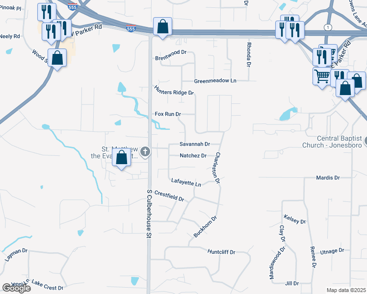 map of restaurants, bars, coffee shops, grocery stores, and more near 217 Savannah Drive in Jonesboro