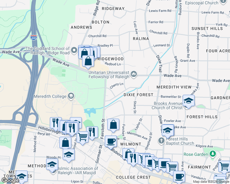 map of restaurants, bars, coffee shops, grocery stores, and more near 904 Brookwood Drive in Raleigh
