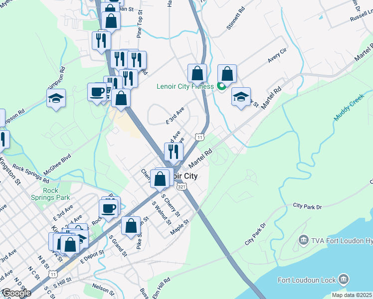 map of restaurants, bars, coffee shops, grocery stores, and more near 1207 East Broadway Street in Lenoir City