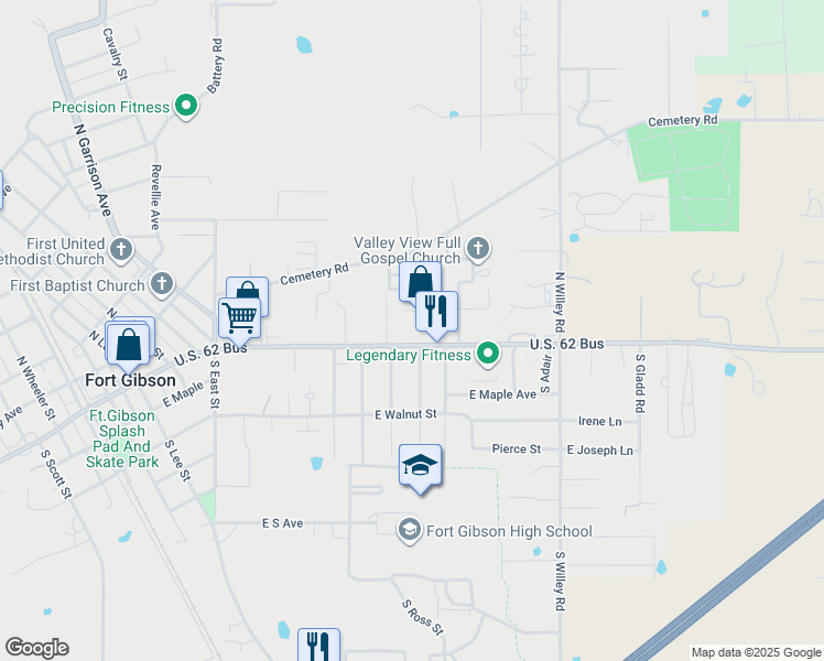 map of restaurants, bars, coffee shops, grocery stores, and more near 1010 U.S. 62 Bus in Fort Gibson