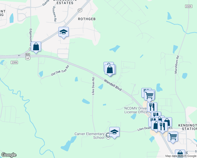 map of restaurants, bars, coffee shops, grocery stores, and more near 2420 Wendell Boulevard in Wendell