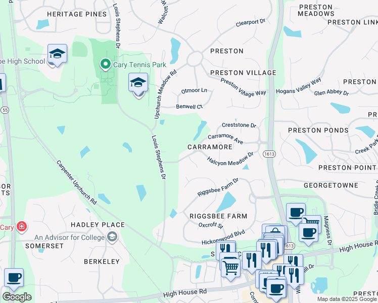 map of restaurants, bars, coffee shops, grocery stores, and more near 2302 Carramore Avenue in Cary