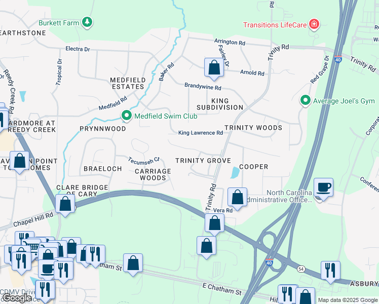 map of restaurants, bars, coffee shops, grocery stores, and more near 119 Trinity Grove Drive in Cary