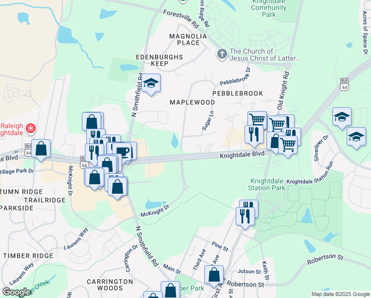map of restaurants, bars, coffee shops, grocery stores, and more near 92 Maplewood Dr in Knightdale