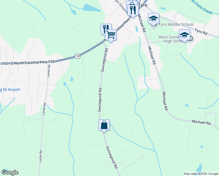 map of restaurants, bars, coffee shops, grocery stores, and more near 443 Swicegood Road in Linwood