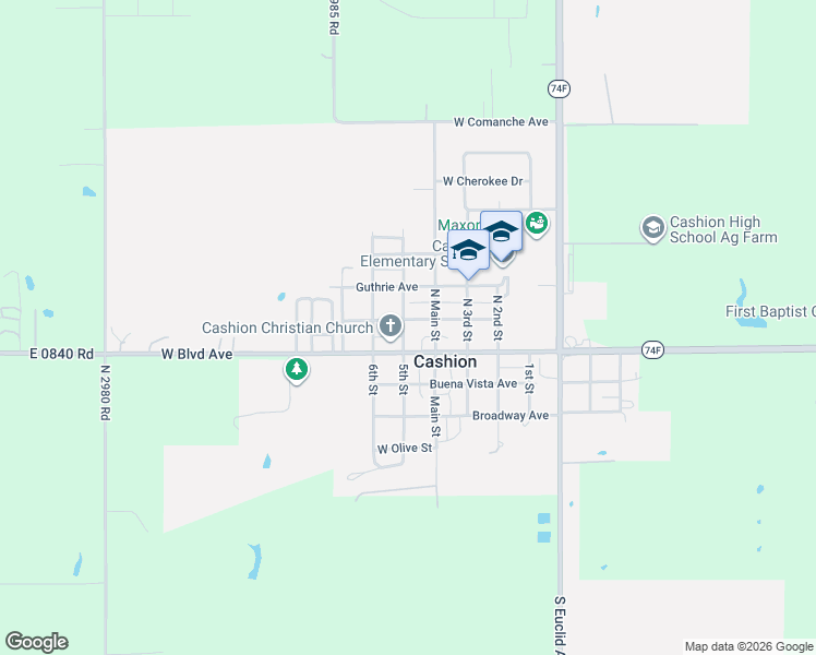 map of restaurants, bars, coffee shops, grocery stores, and more near 418 Grimes Avenue in Cashion