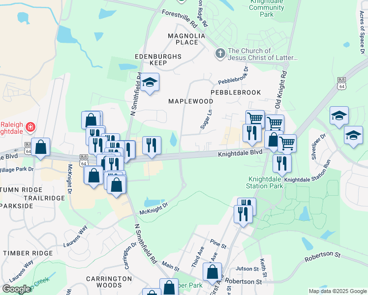 map of restaurants, bars, coffee shops, grocery stores, and more near 92 Maplewood Dr in Knightdale