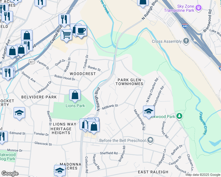 map of restaurants, bars, coffee shops, grocery stores, and more near 1321 Park Glen Drive in Raleigh