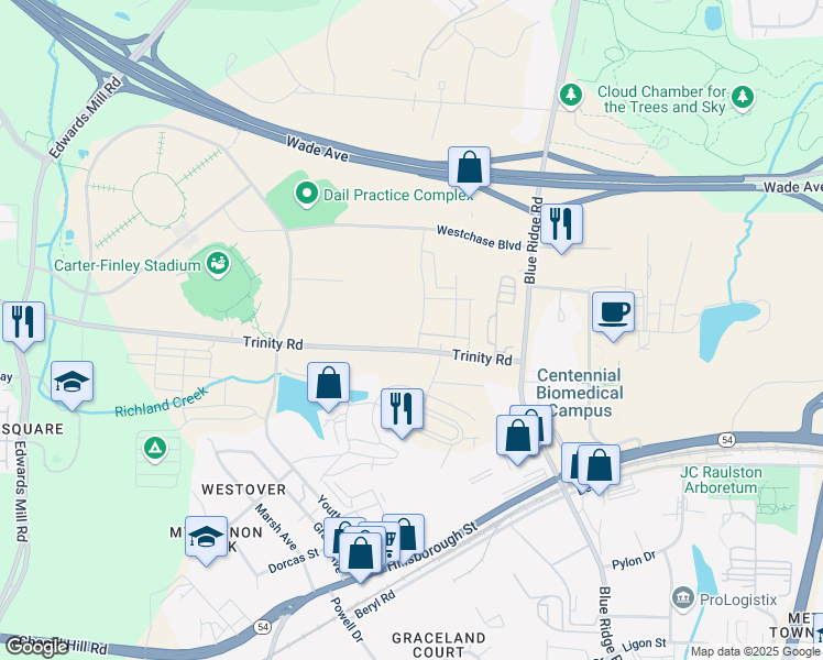 map of restaurants, bars, coffee shops, grocery stores, and more near 4220 Trinity Road in Raleigh