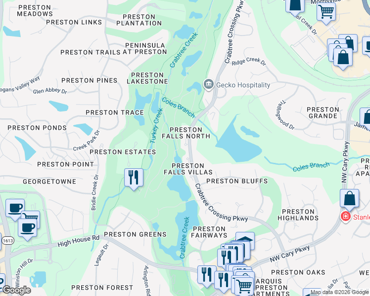 map of restaurants, bars, coffee shops, grocery stores, and more near 767 Crabtree Crossing Parkway in Cary