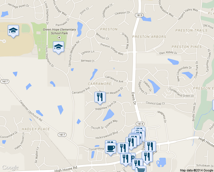 map of restaurants, bars, coffee shops, grocery stores, and more near 810 Willowmist Court in Cary