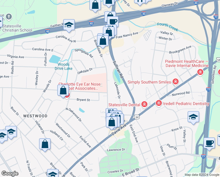 map of restaurants, bars, coffee shops, grocery stores, and more near 550 Brookdale Drive in Statesville
