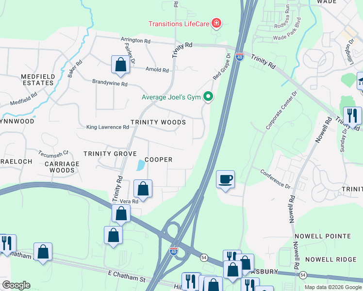 map of restaurants, bars, coffee shops, grocery stores, and more near 6116 Deerwood Place in Raleigh