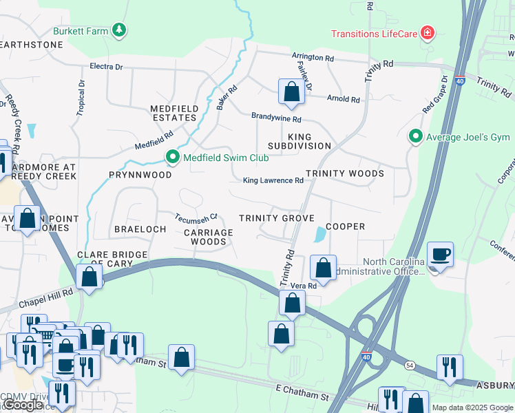 map of restaurants, bars, coffee shops, grocery stores, and more near 119 Trinity Grove Drive in Cary