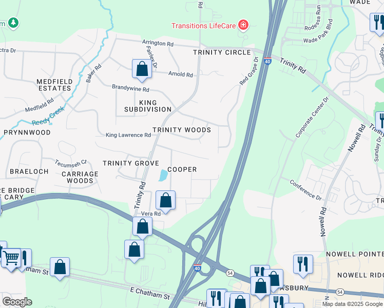 map of restaurants, bars, coffee shops, grocery stores, and more near 6126 Deerwood Place in Raleigh