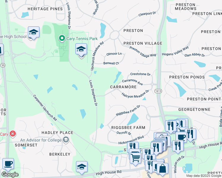 map of restaurants, bars, coffee shops, grocery stores, and more near 2302 Carramore Avenue in Cary