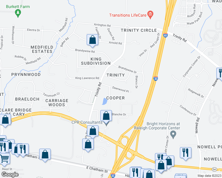map of restaurants, bars, coffee shops, grocery stores, and more near 1426 Trinity Circle in Raleigh