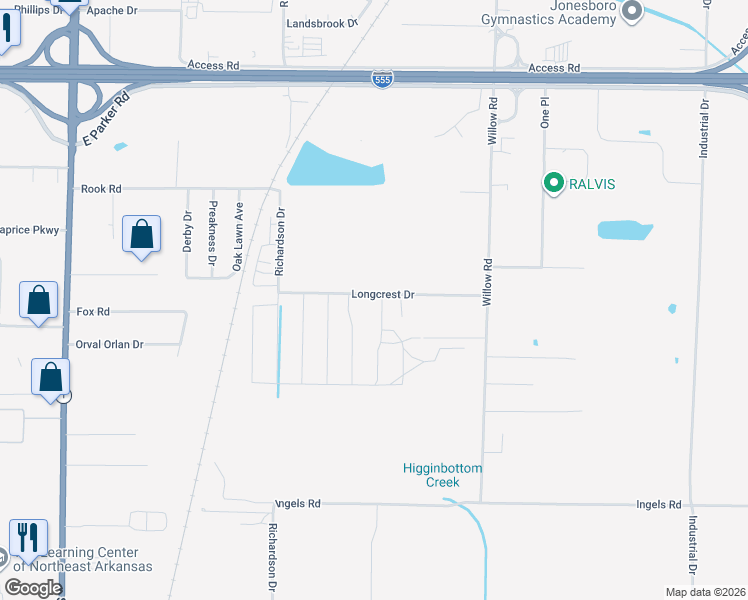 map of restaurants, bars, coffee shops, grocery stores, and more near 3509 Longcrest Drive in Jonesboro