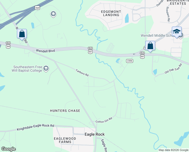 map of restaurants, bars, coffee shops, grocery stores, and more near Old Tarboro Road in Wendell