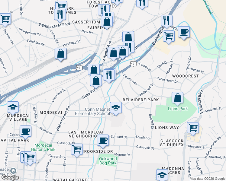 map of restaurants, bars, coffee shops, grocery stores, and more near 121 Plainview Avenue in Raleigh