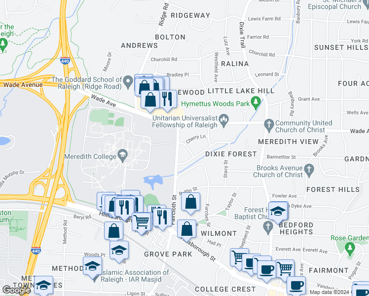 map of restaurants, bars, coffee shops, grocery stores, and more near 913 Brookwood Drive in Raleigh