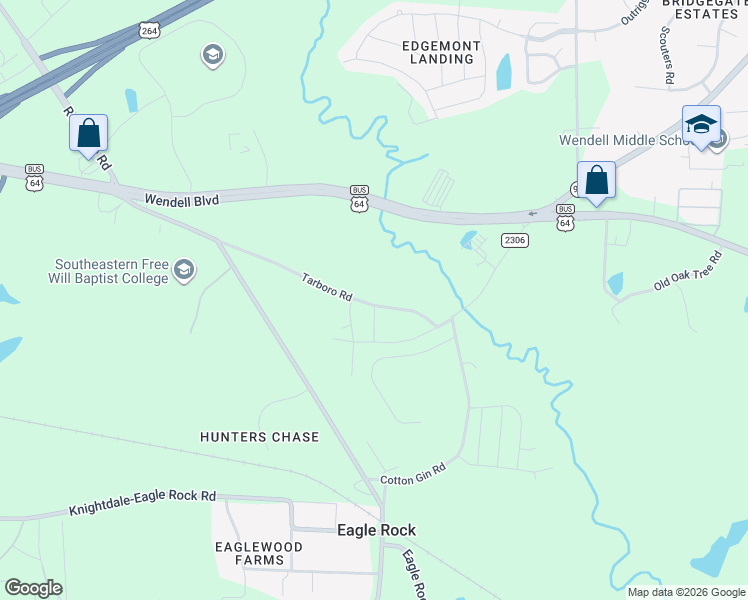 map of restaurants, bars, coffee shops, grocery stores, and more near Old Tarboro Road in Wendell